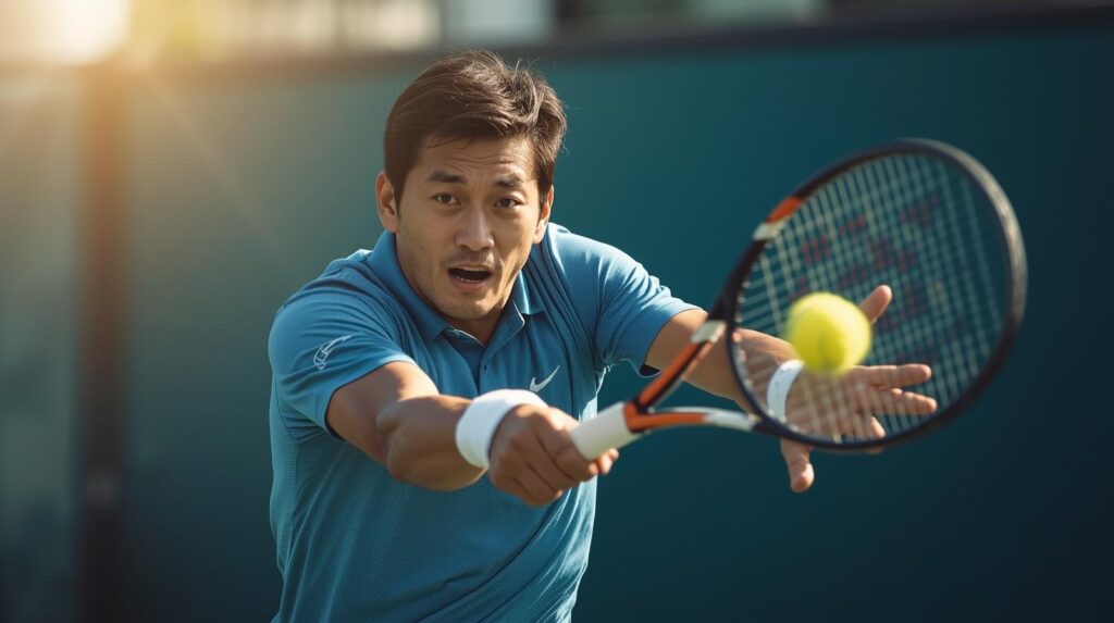 crea la imagen de un hombre golpeando una pelota de tenis con una raqueta(2)